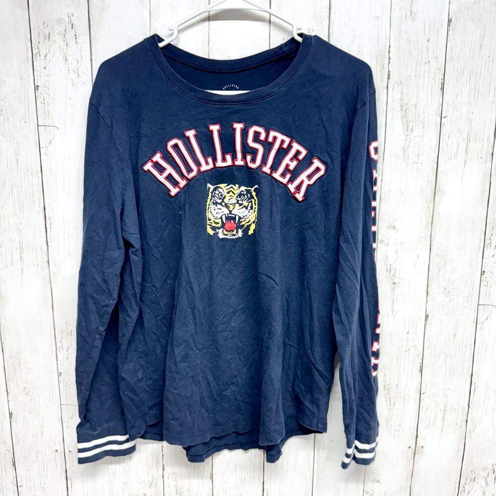 Y2K‎ Hollister Top Women Large Graphic Tee Navy Printed Long Sleeve Stripe Cuff